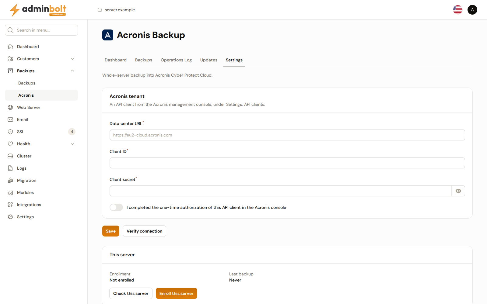 The Settings tab of Acronis Backup before the server is connected and enrolled