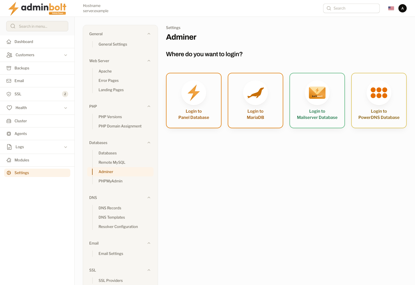 Adminer with its four login options