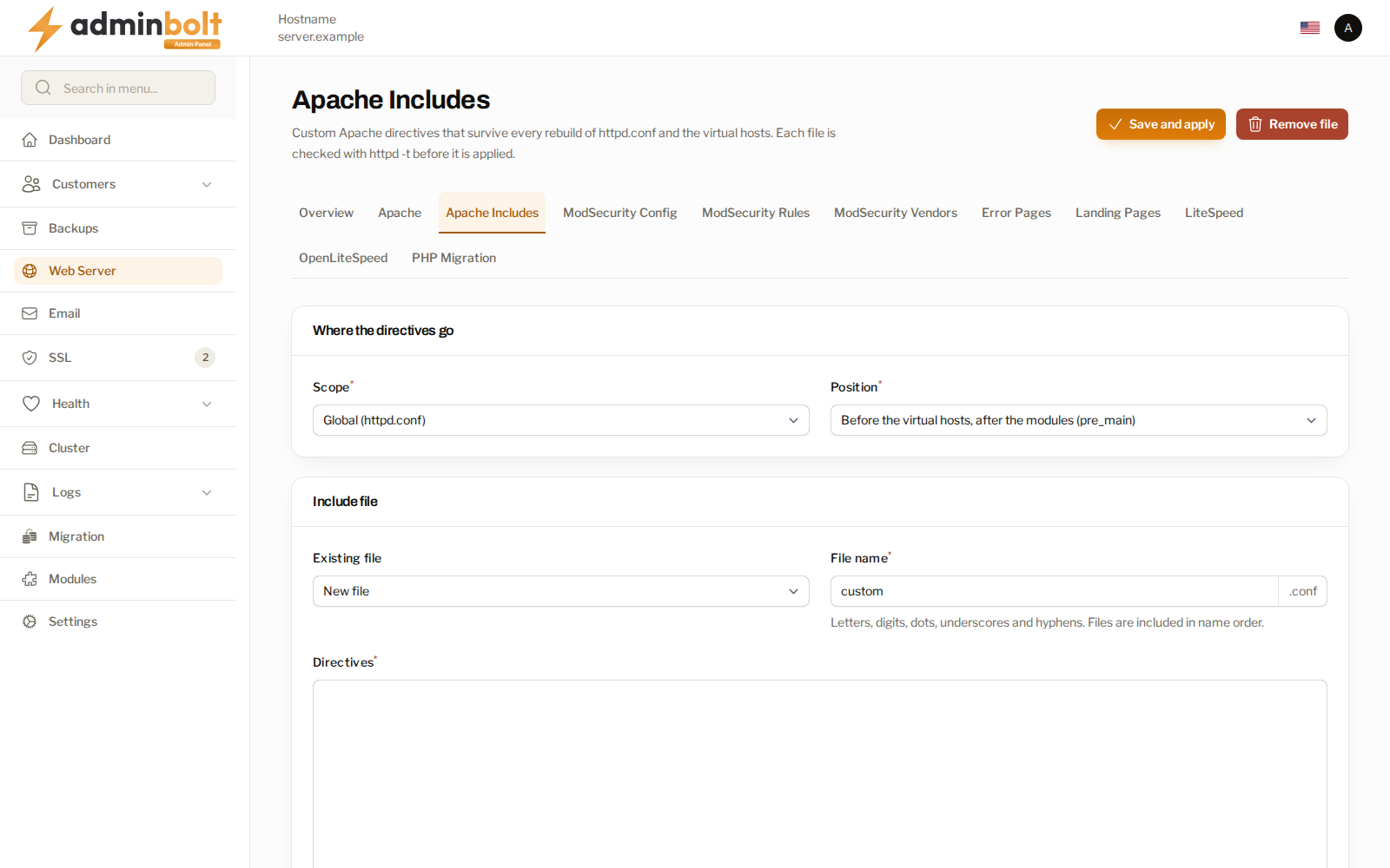 Apache Includes with an empty global include ready to edit