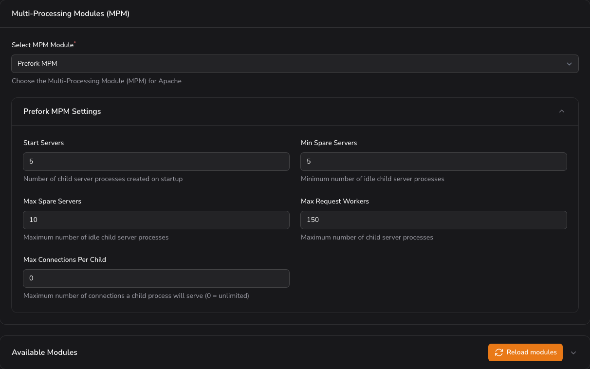 Modules Configuration tab