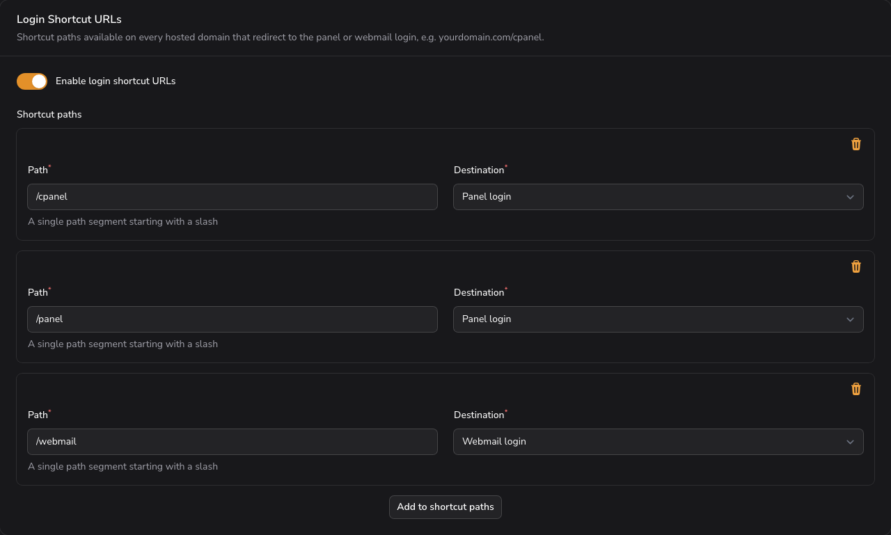 Login Shortcut URLs section with the three default shortcut paths