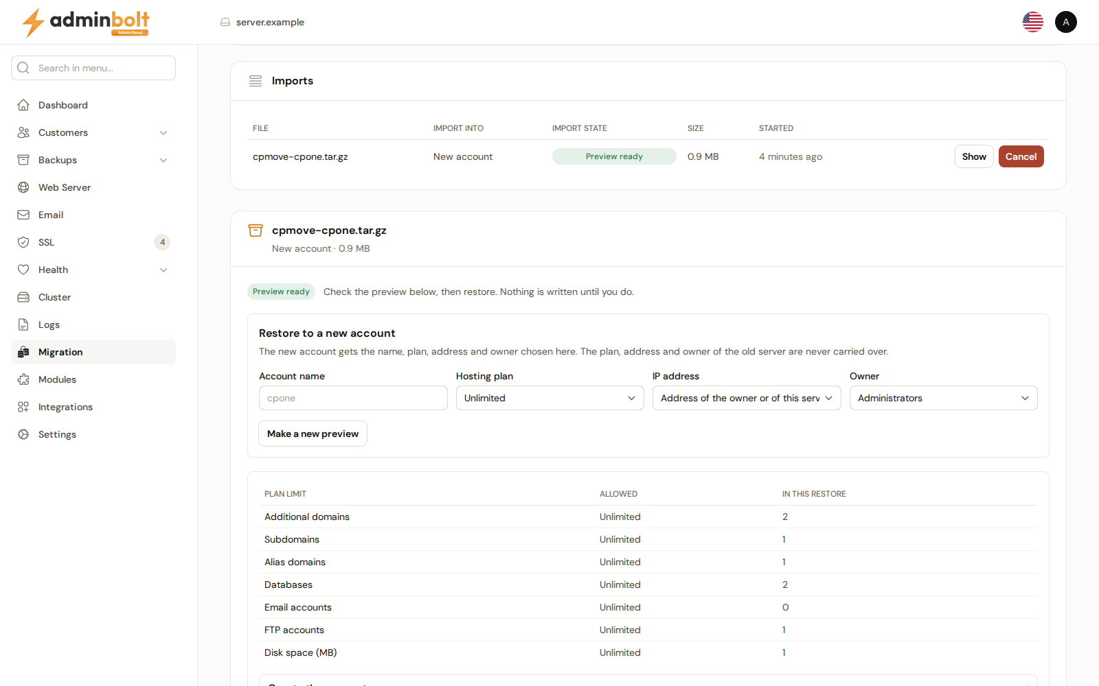 An import with its preview ready: the choices for the new account and the plan limits it will use
