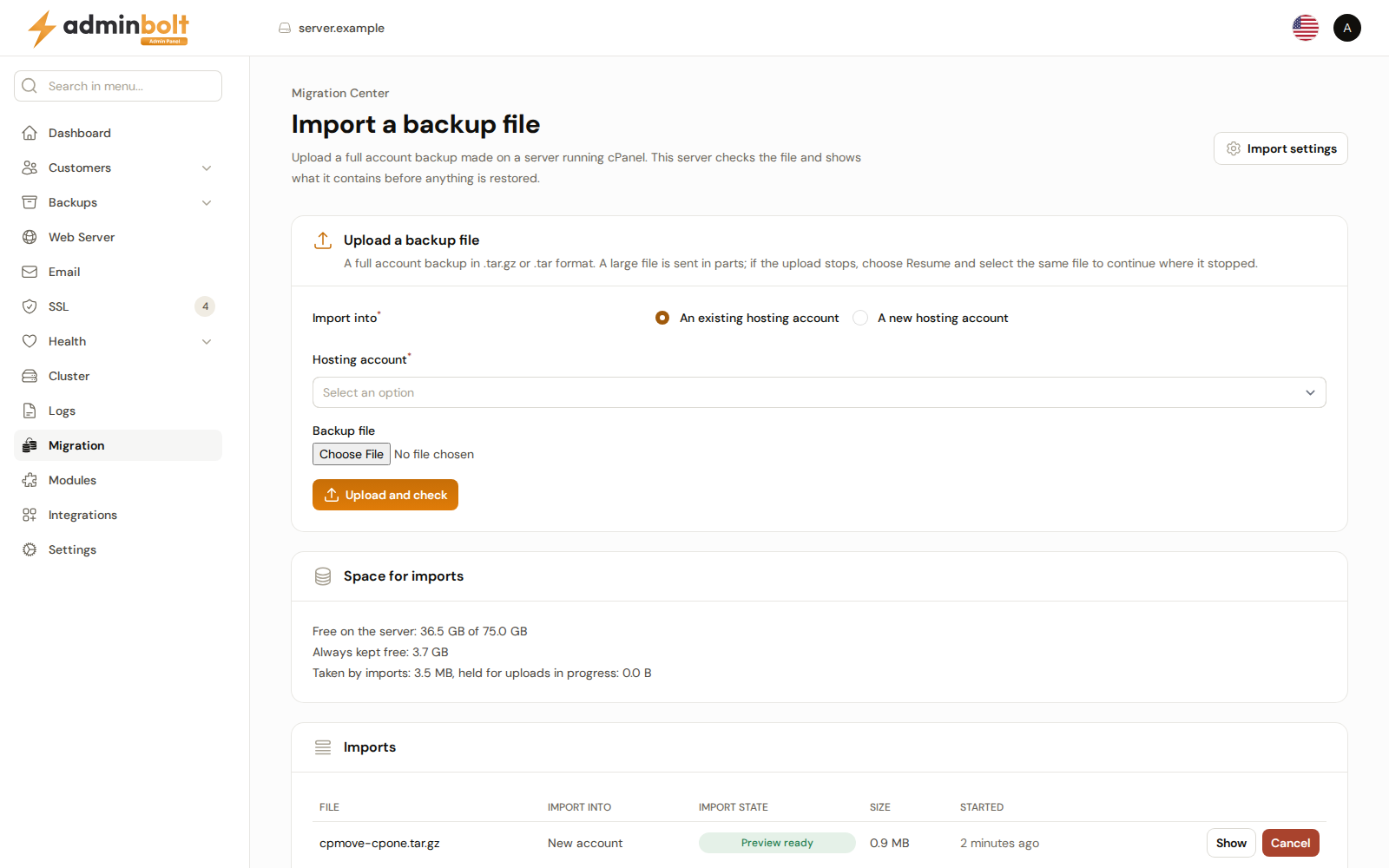 Import a backup file with the upload form, the space for imports and an empty imports list