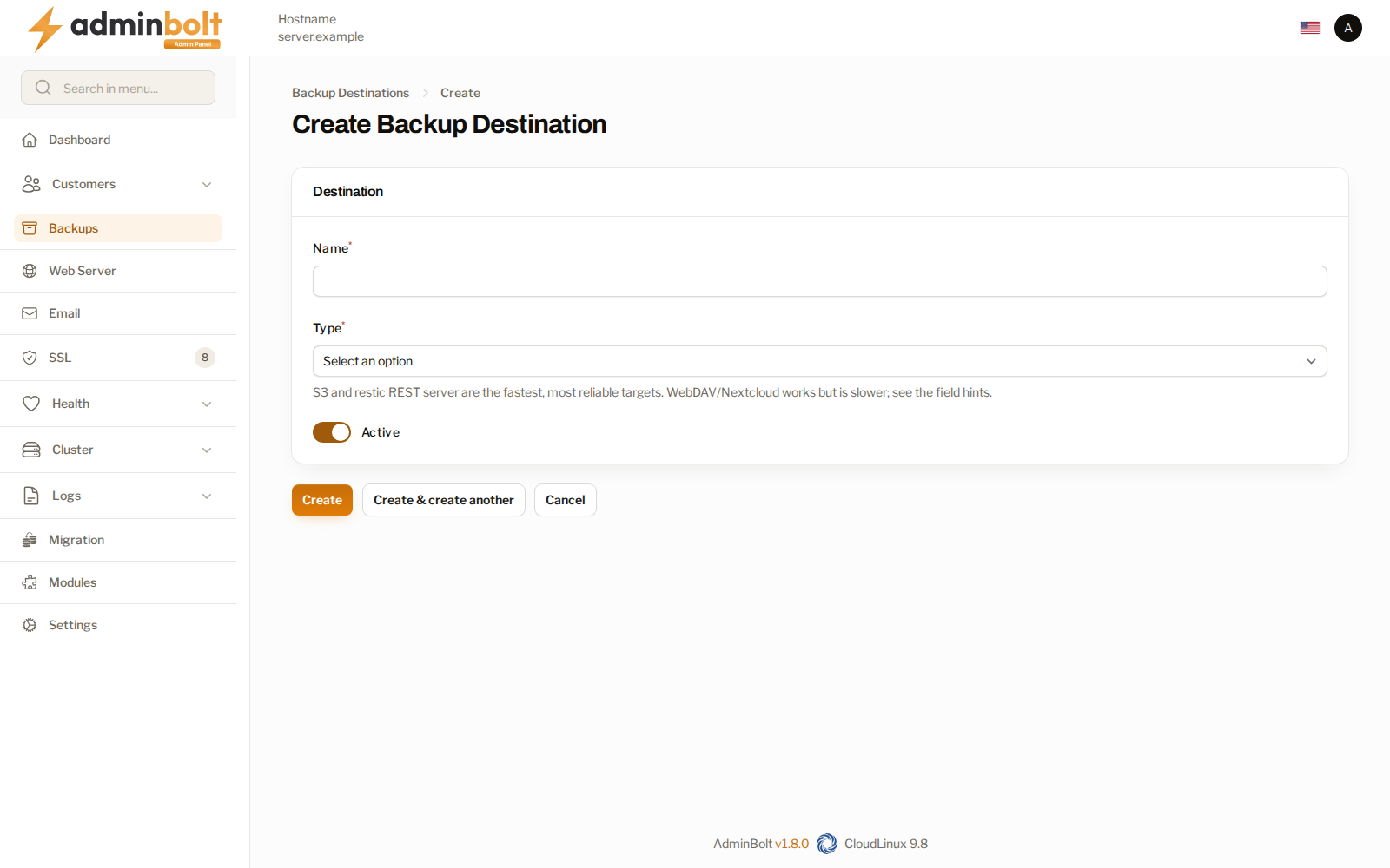 The create form with the destination type list open