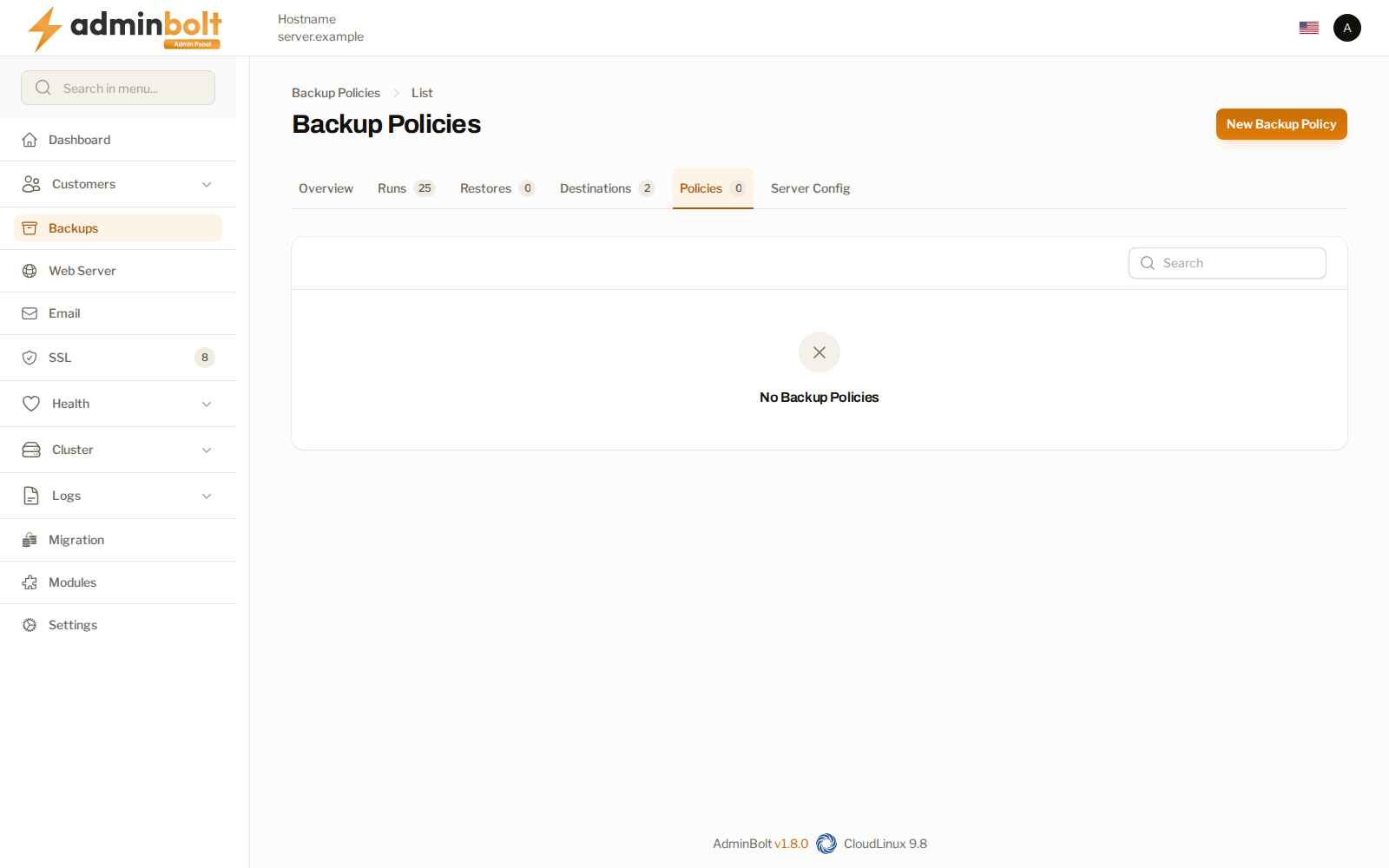 The list of backup policies
