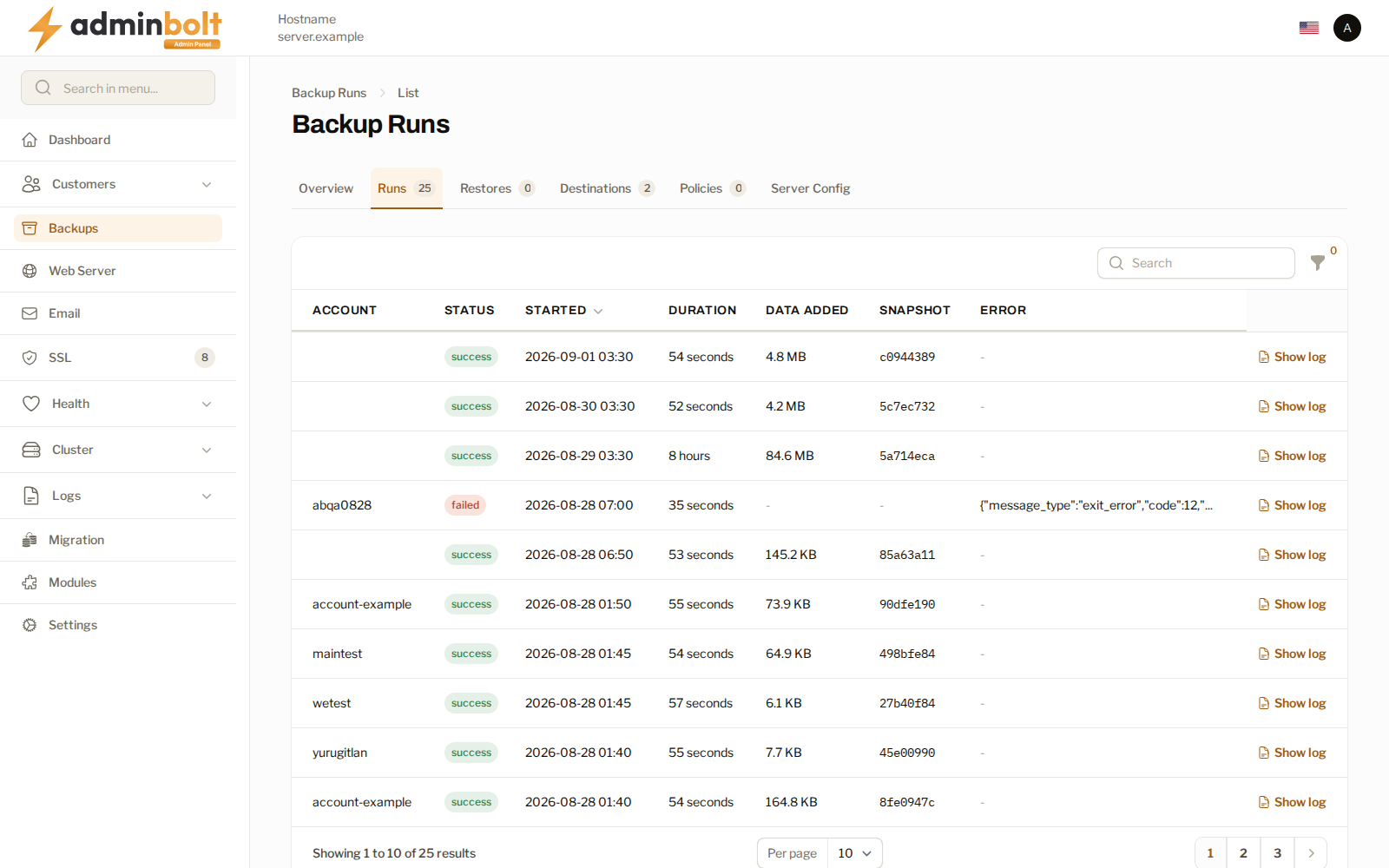 The backup run history with status, duration and data added