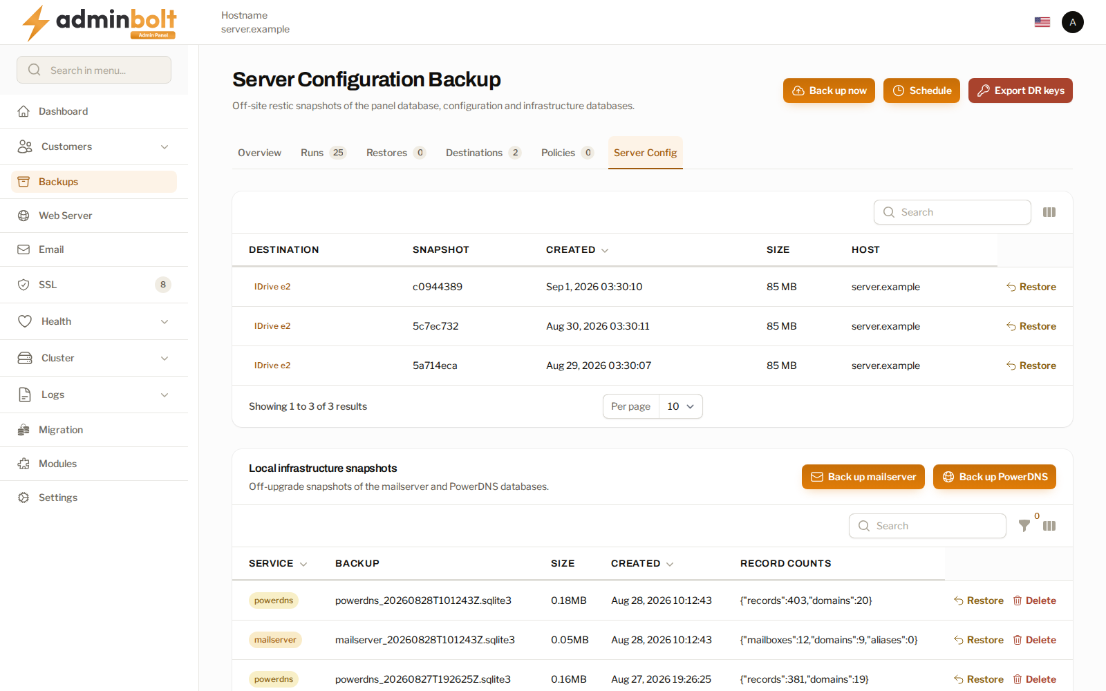 The server configuration backup with its snapshots and the local infrastructure snapshots below