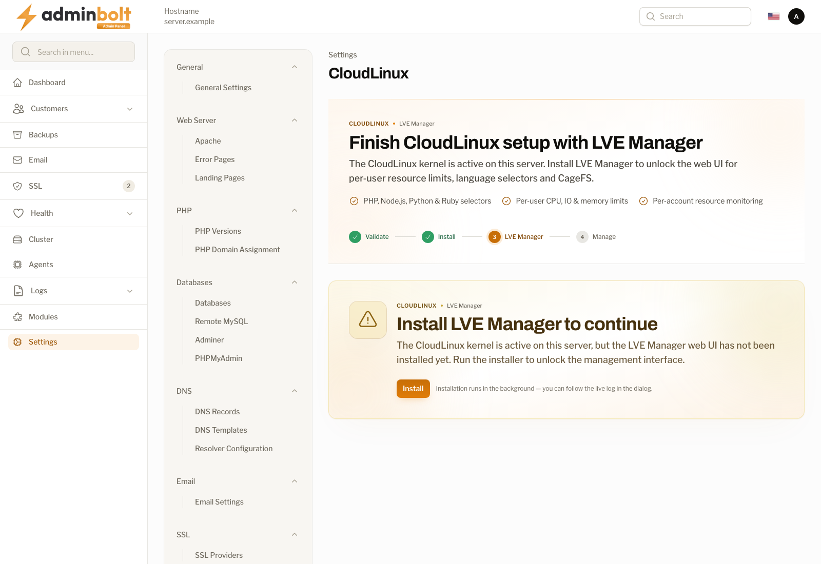 LVE Manager page prompting you to install the web UI before continuing