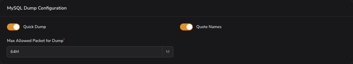 MySQL Dump Settings tab