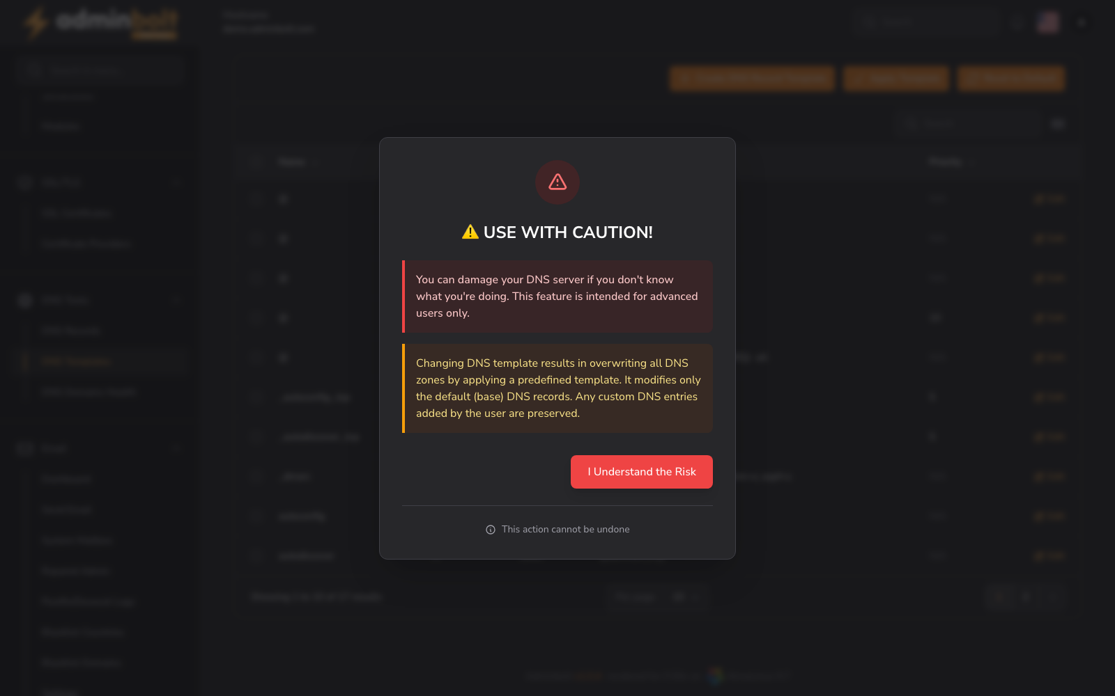 DNS Templates Page Overview
