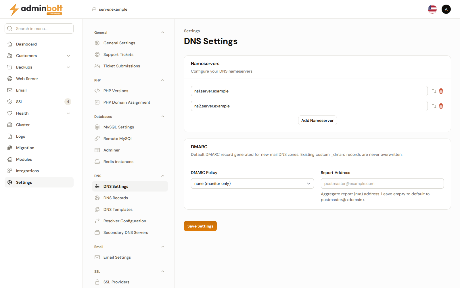 DNS Settings with two nameservers and the default DMARC policy