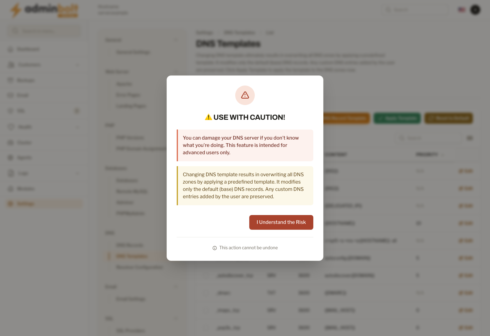 DNS Templates Page Overview