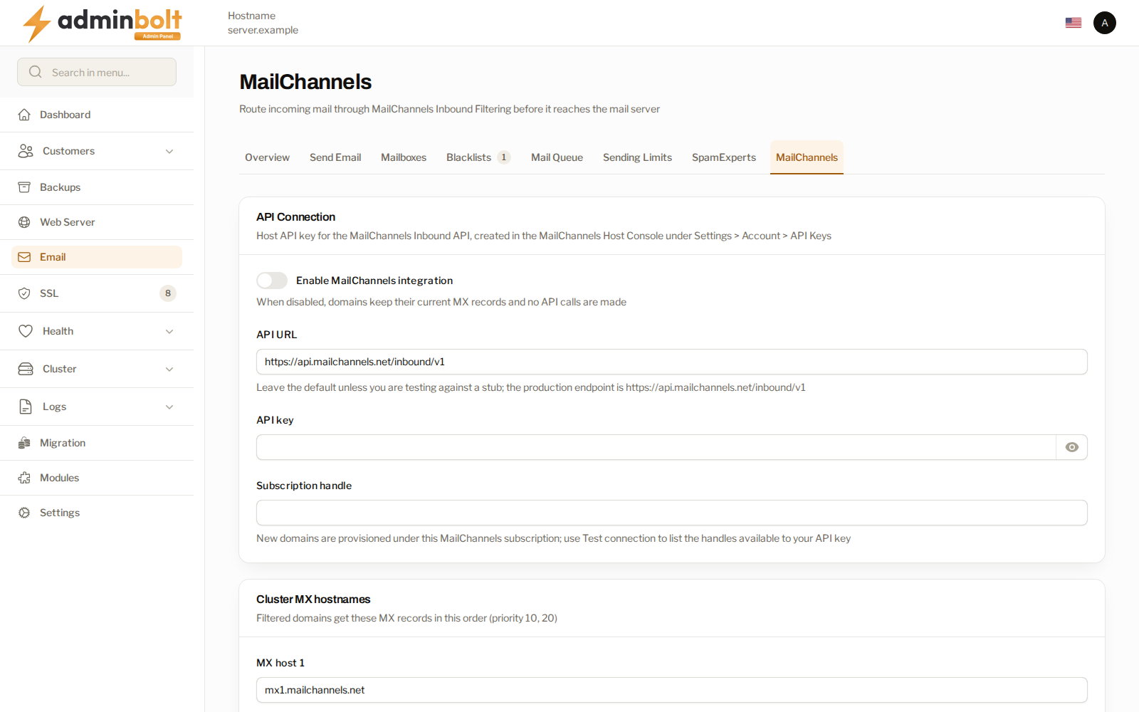 The MailChannels settings with the API connection and MX fields