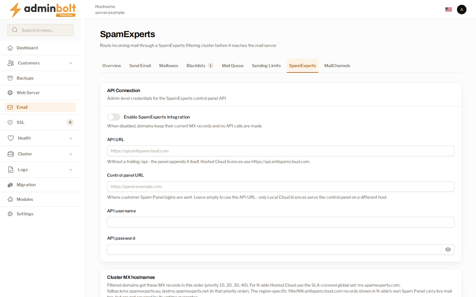 The SpamExperts settings with the API connection and MX fields