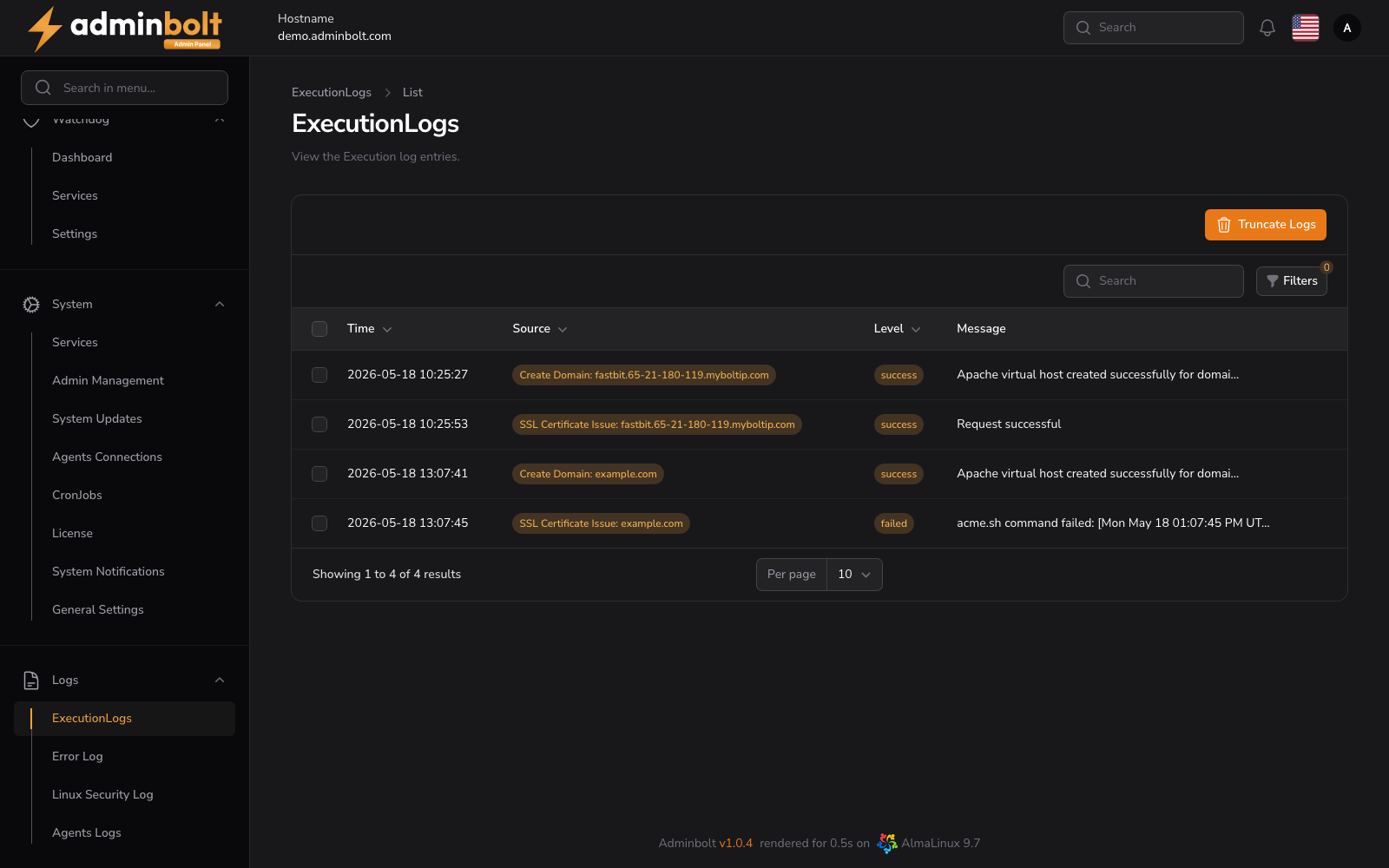 Execution Logs Interface