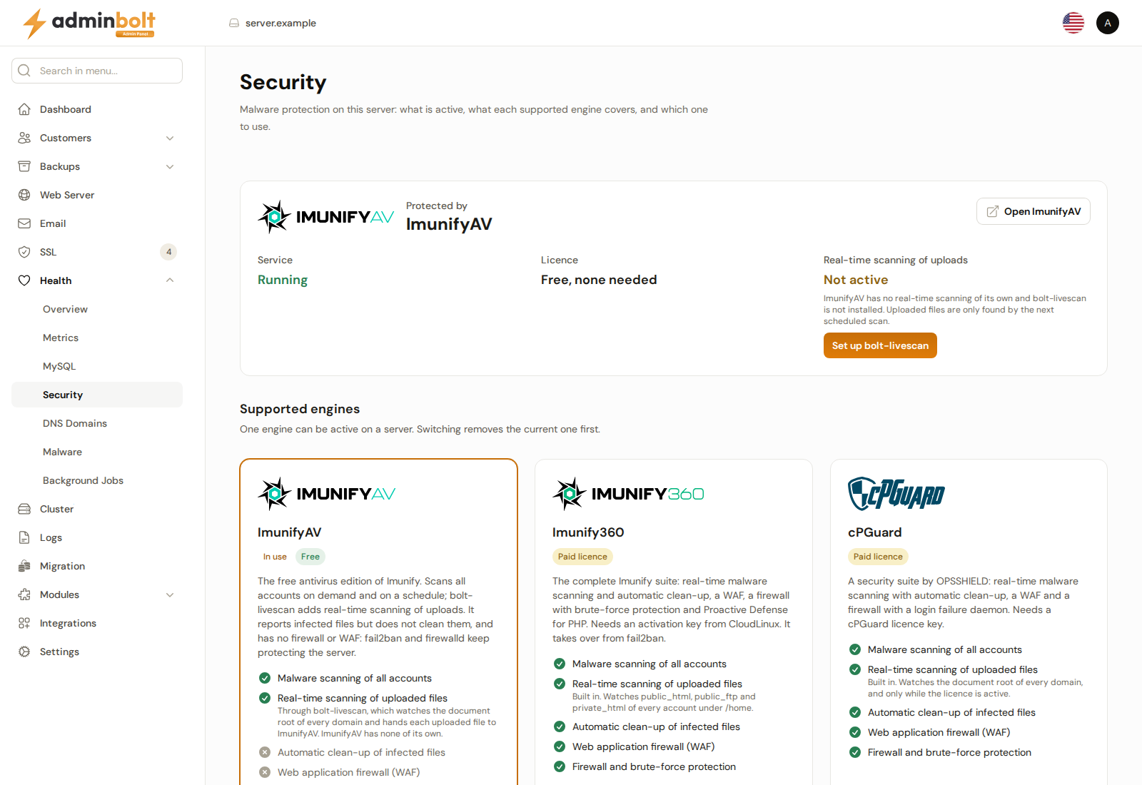 Health > Security with ImunifyAV running, real-time scanning not yet set up, and the three supported engines