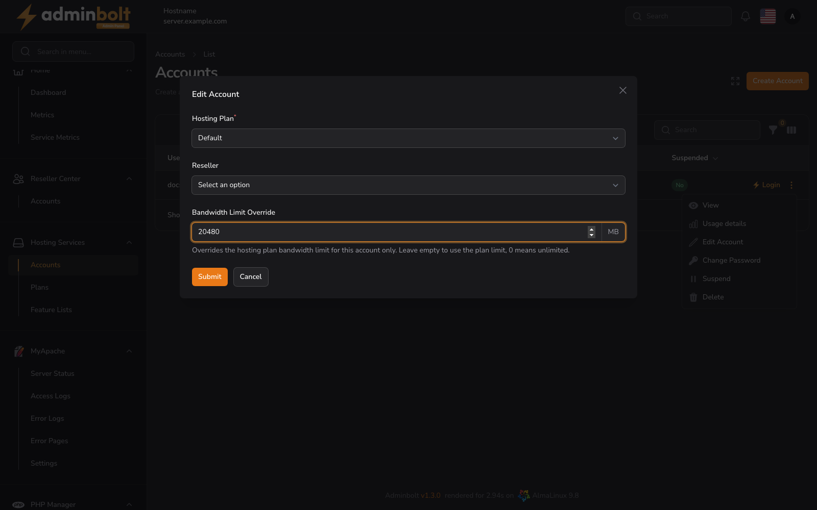 Edit Hosting Account with the Bandwidth Limit Override field