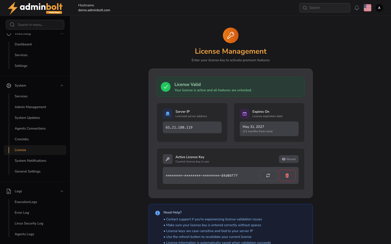 License Management Page