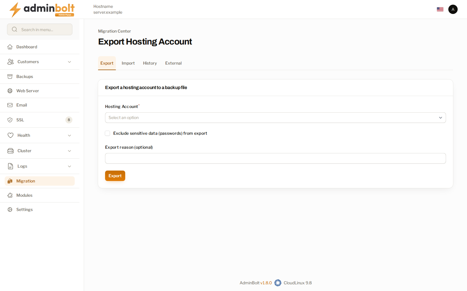 The Migration Center on the Export tab