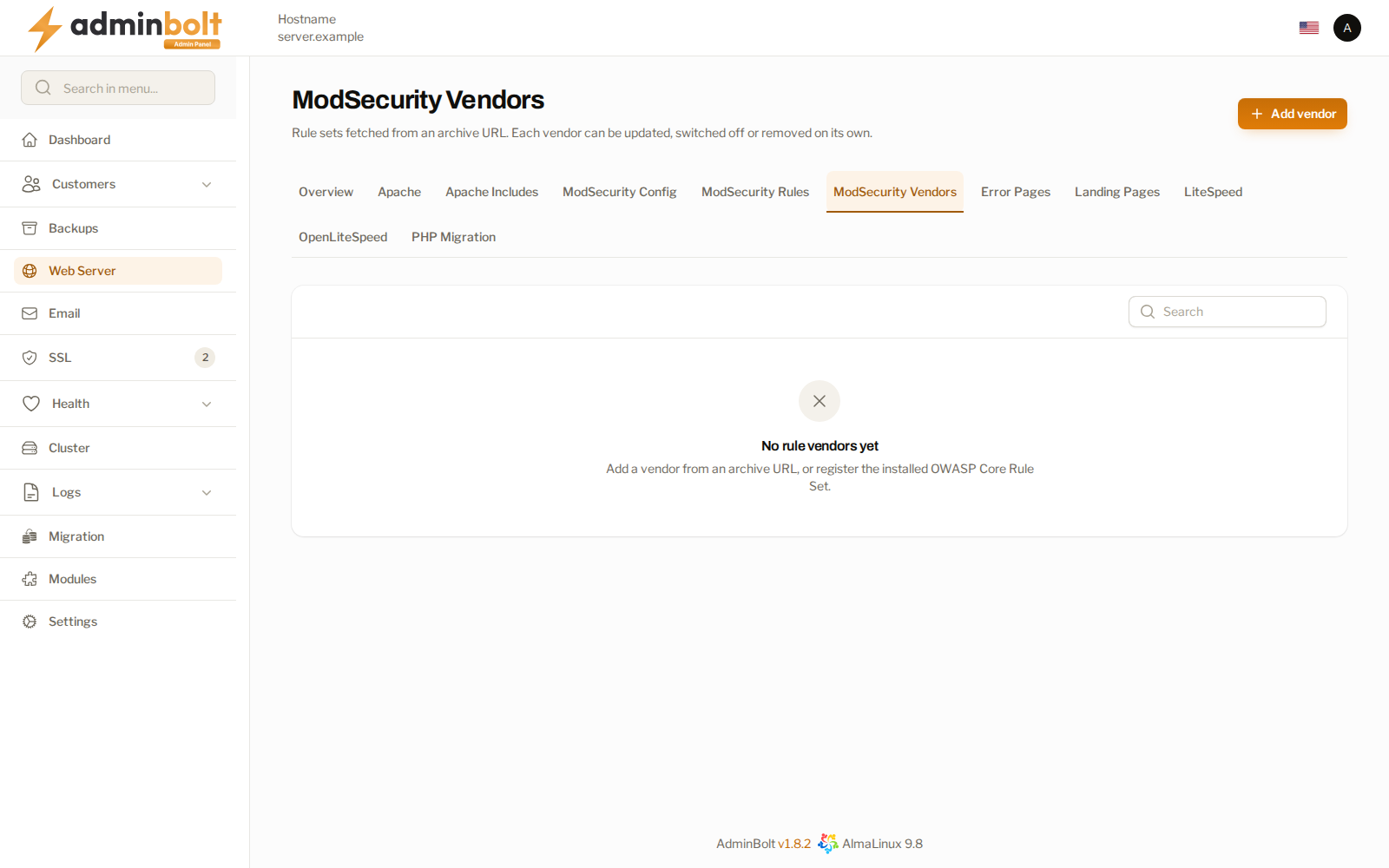 ModSecurity Vendors on a server with no rule vendors installed yet