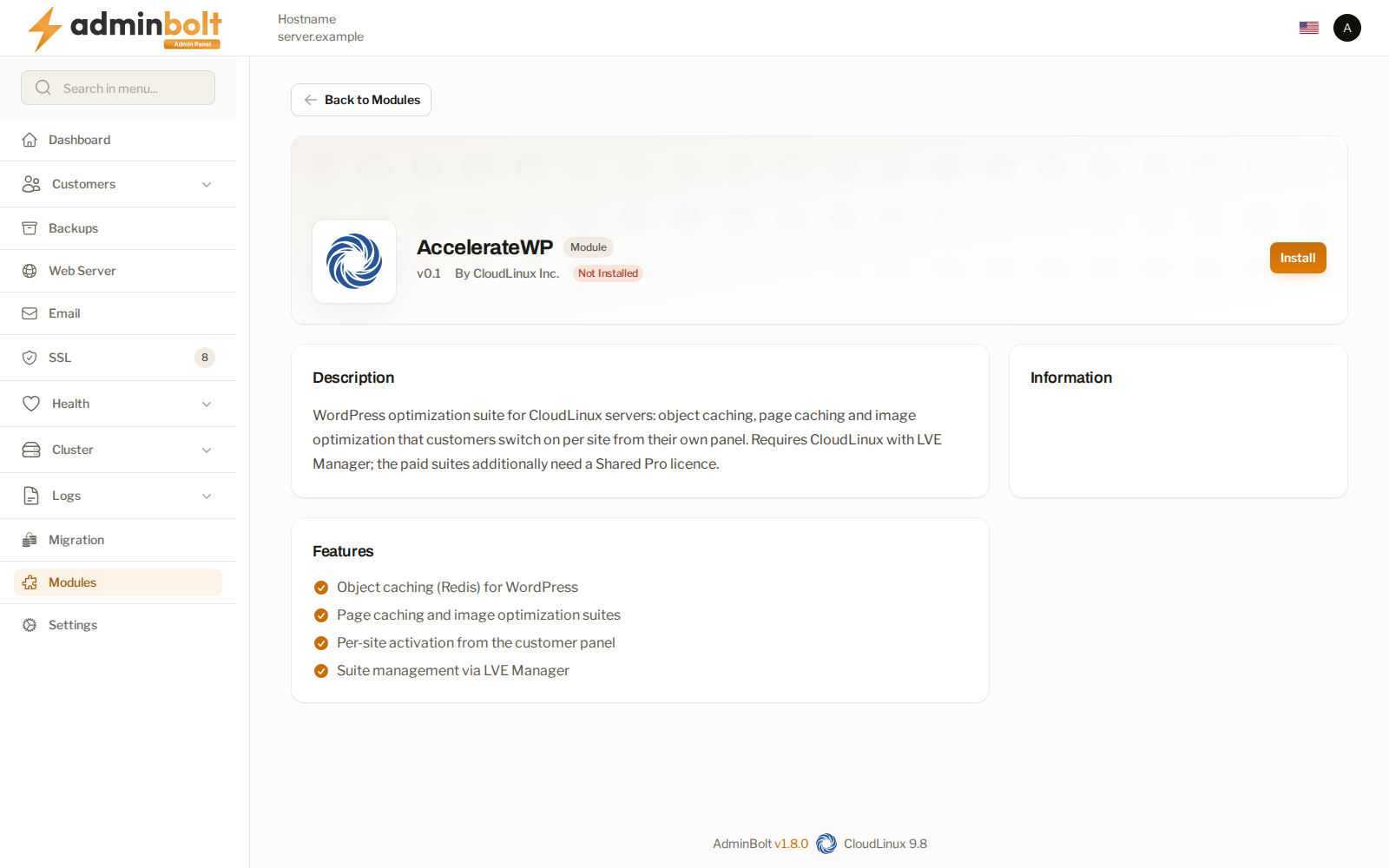 The AccelerateWP module page