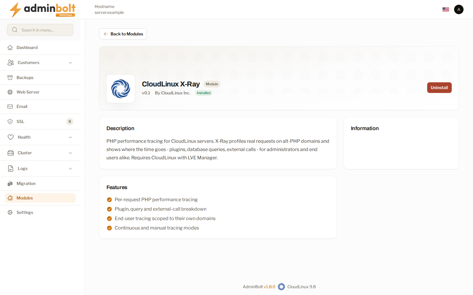 The CloudLinux X-Ray module page
