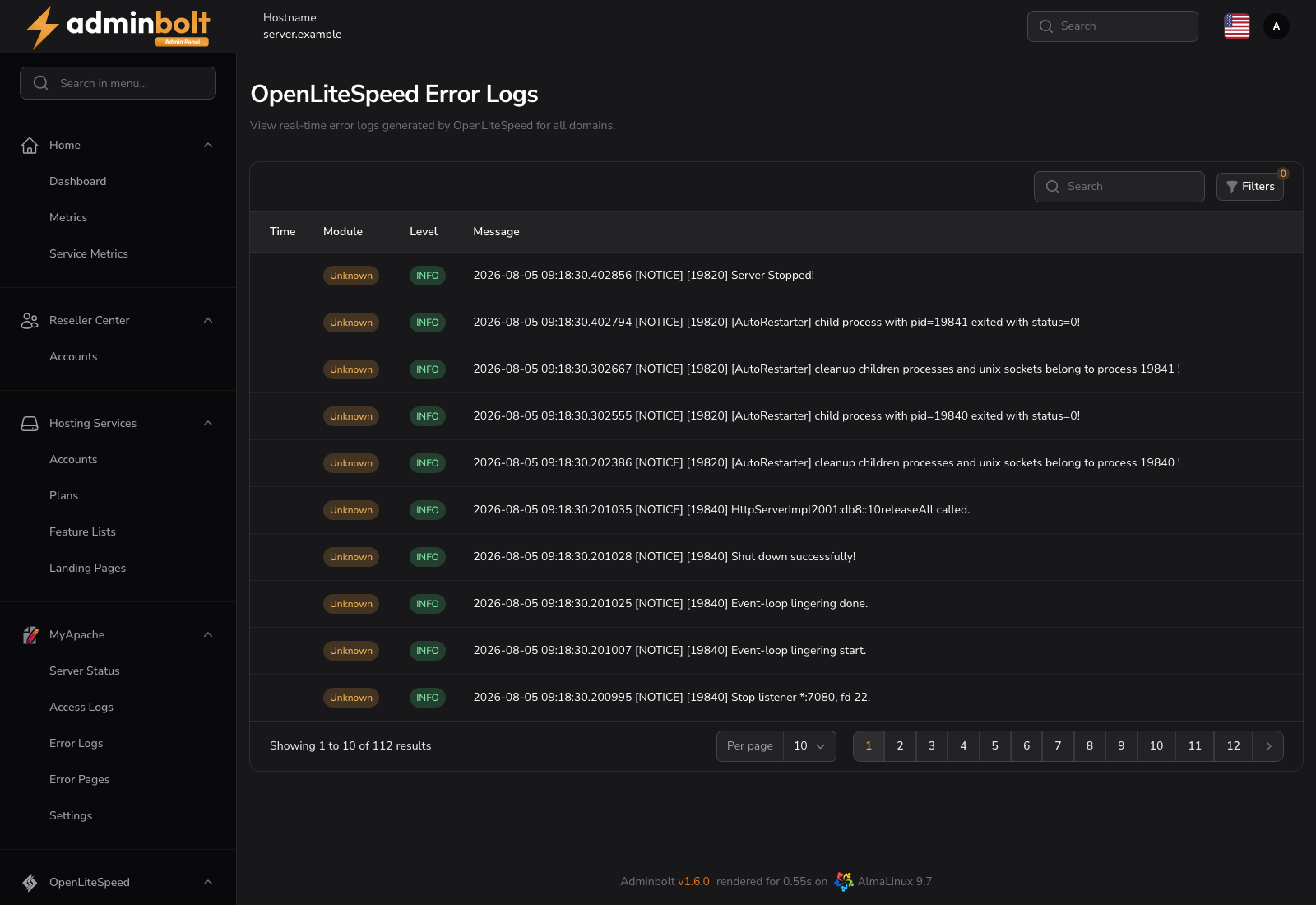 OpenLiteSpeed error logs page