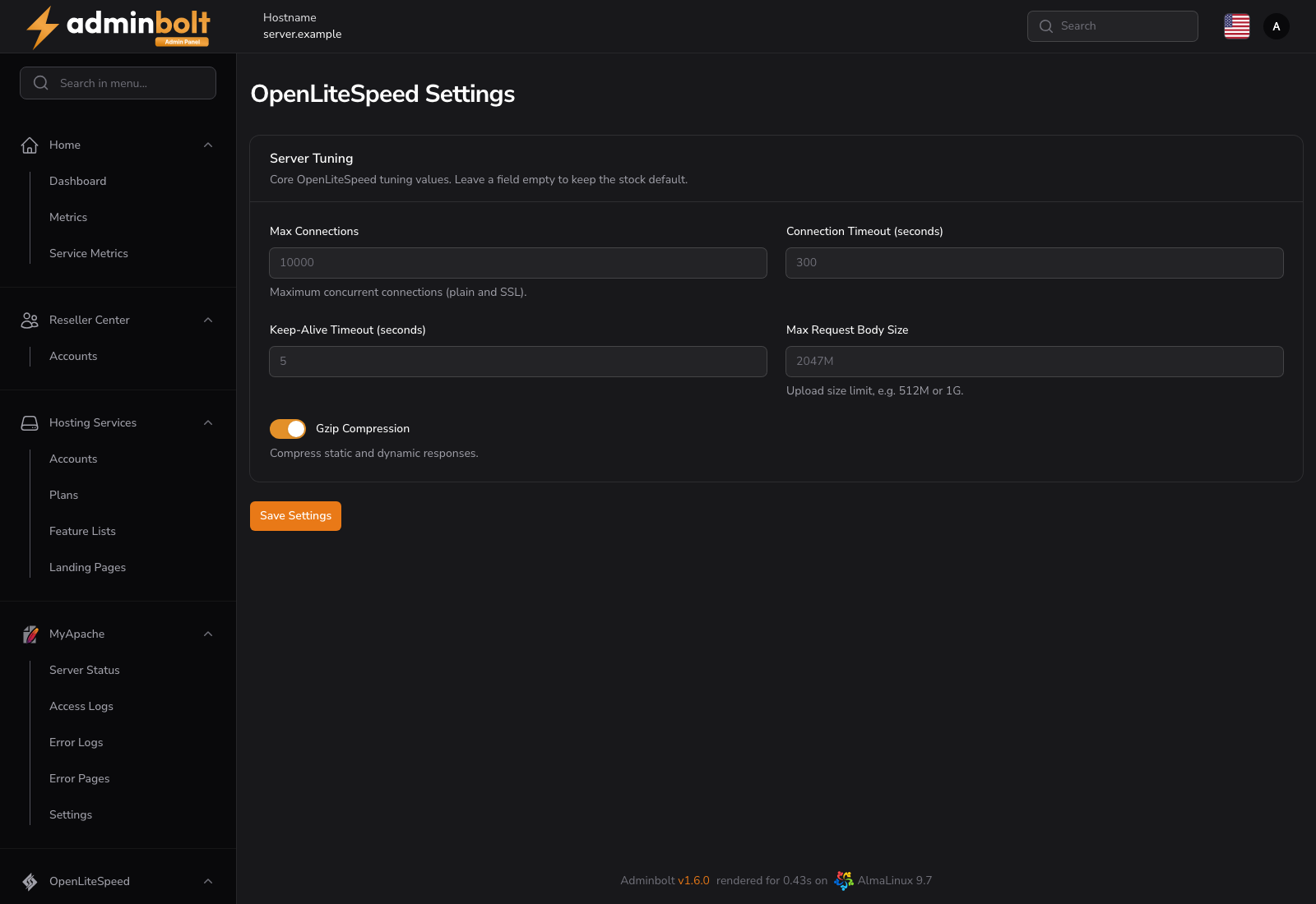 OpenLiteSpeed settings with the Server Tuning section