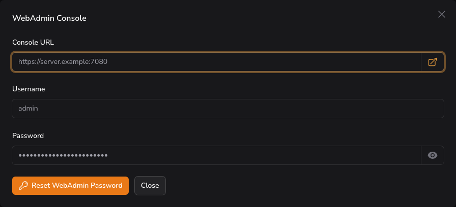 WebAdmin Console details with the password hidden