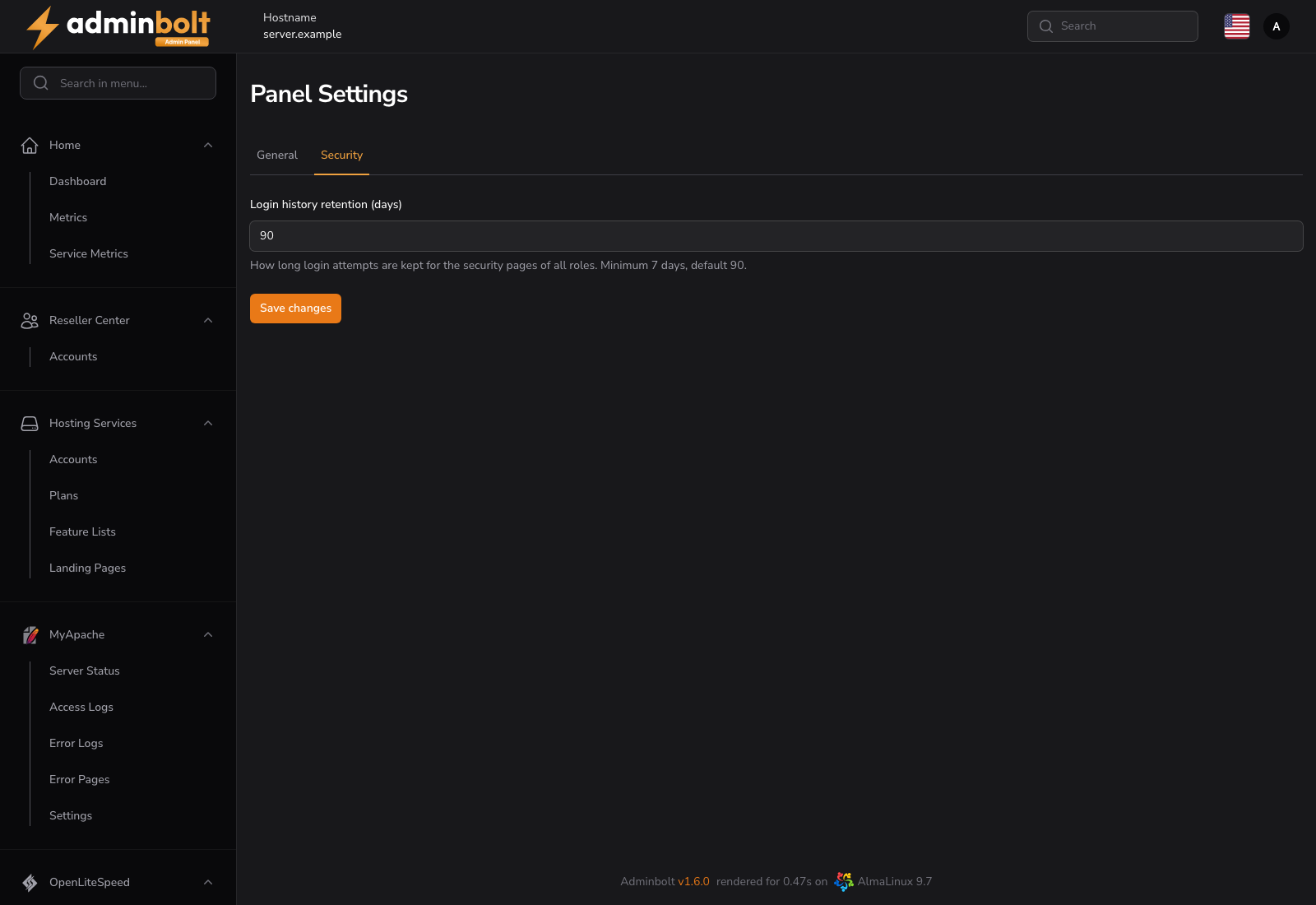 Panel Settings, Security tab, with the login history retention field