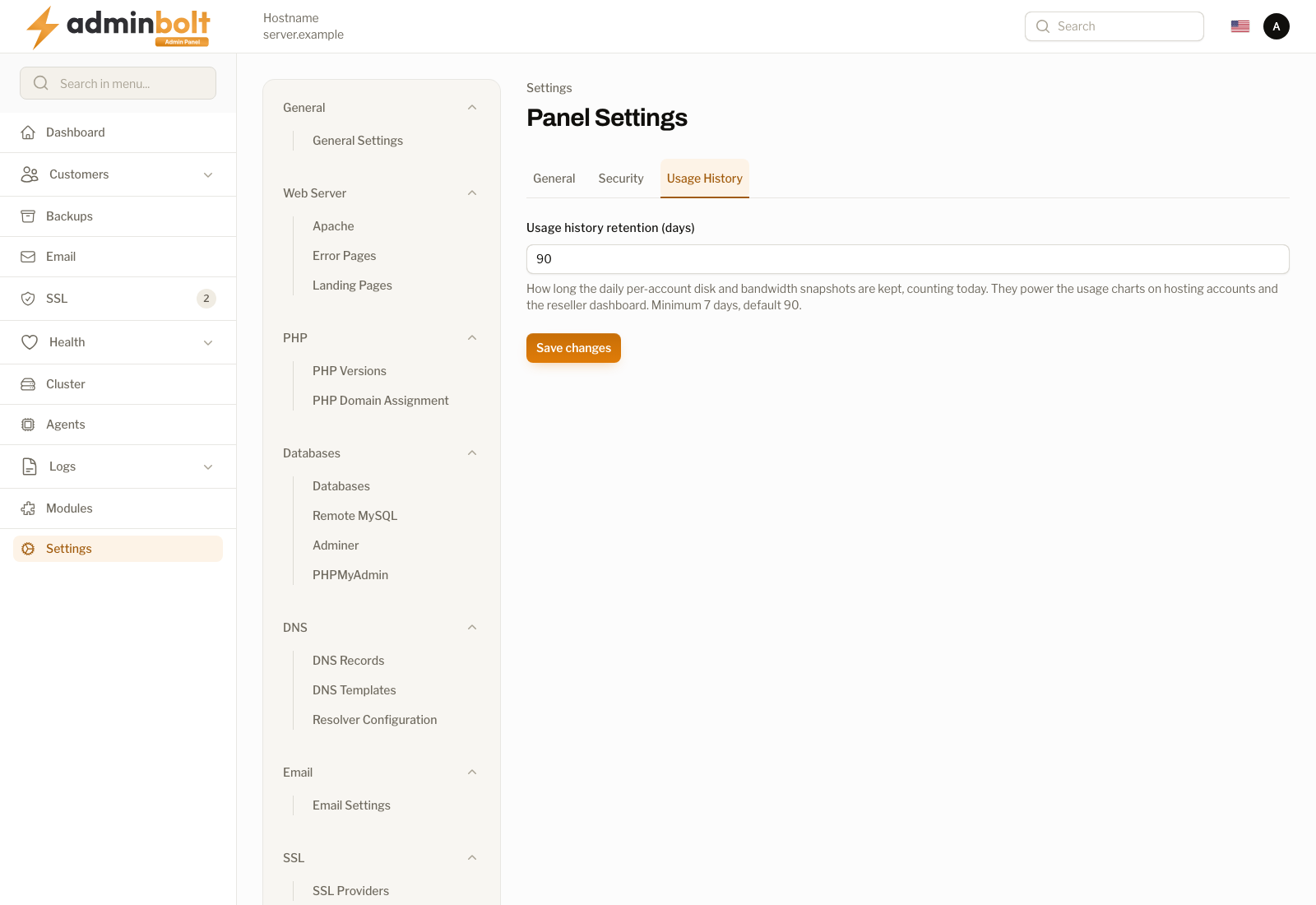 Panel Settings, Usage History tab