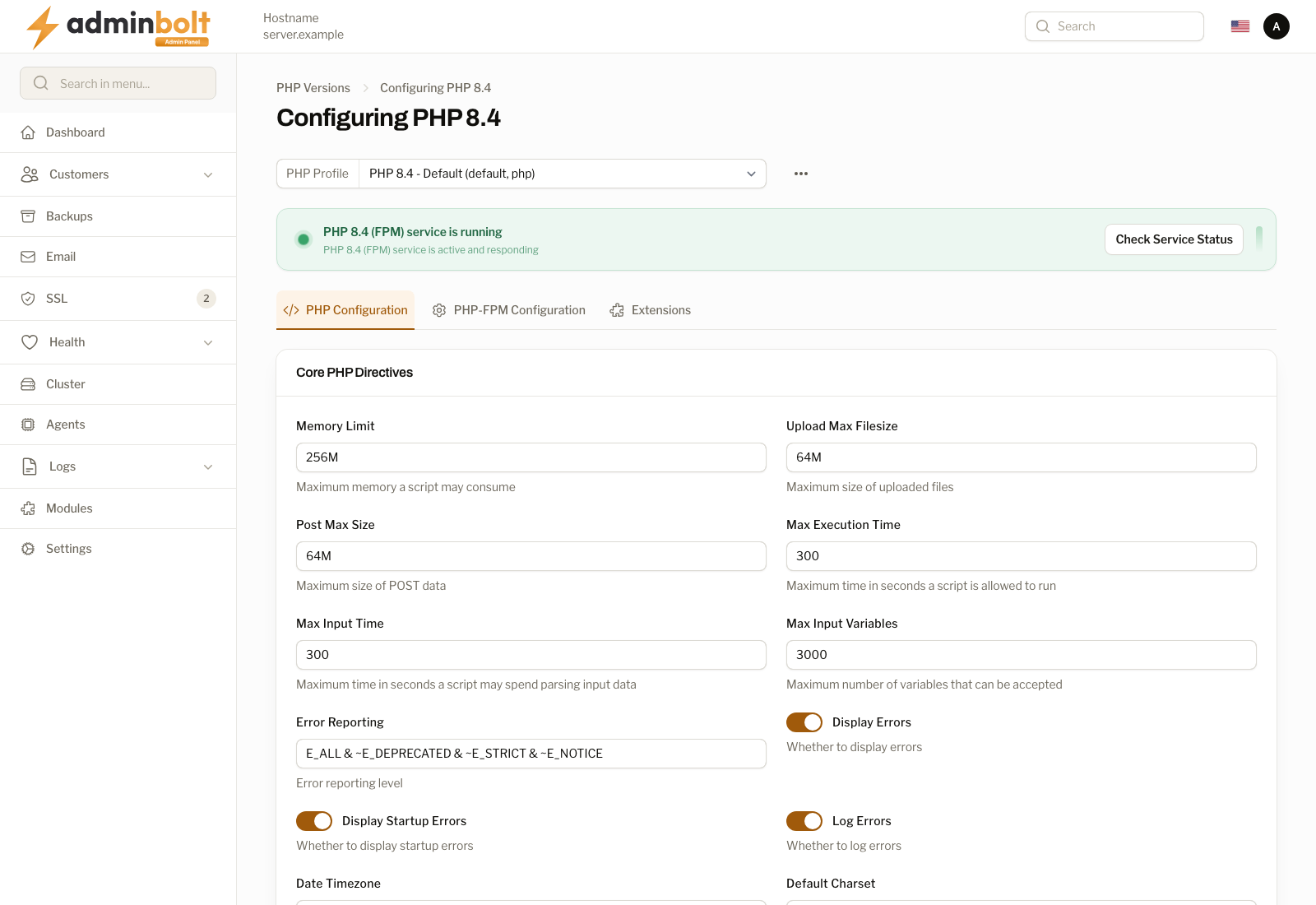 Configuration page for an installed PHP version