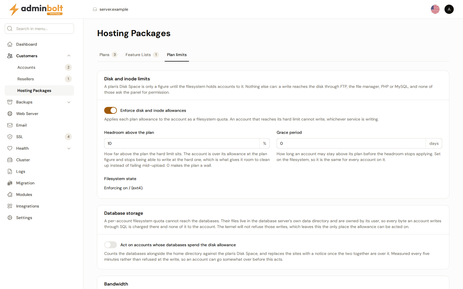 The Plan limits tab of Hosting Packages with disk and inode enforcement on
