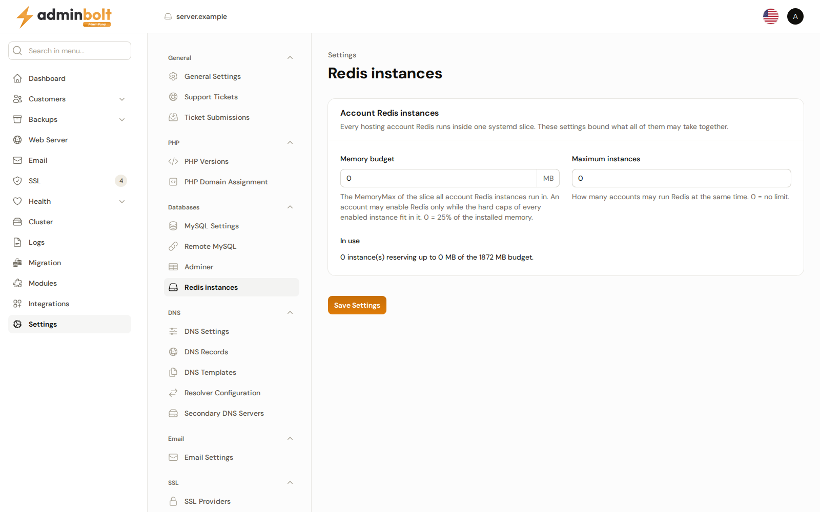 Redis instances with the memory budget, the maximum number of instances and what is in use
