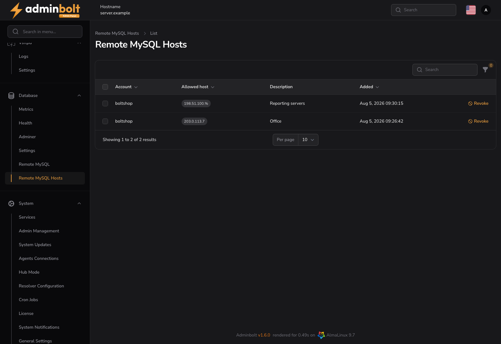 Remote MySQL Hosts listing allowed hosts per account