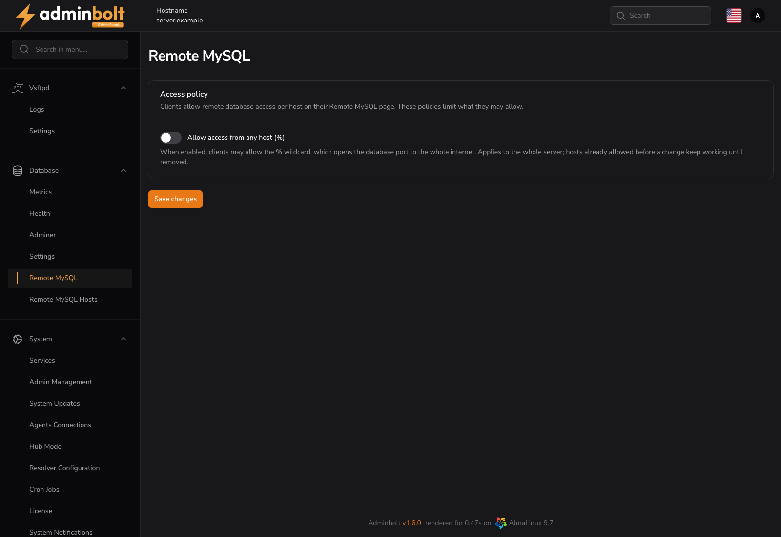 Remote MySQL settings with the wildcard policy toggle