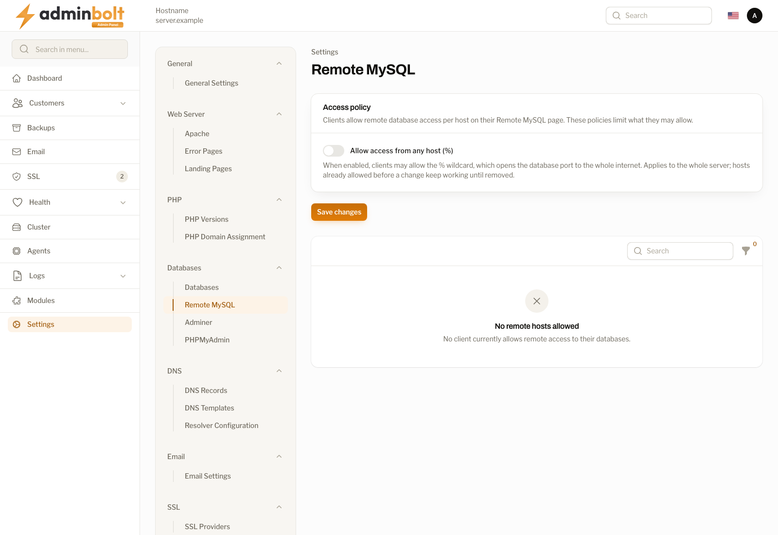 Remote MySQL with the access policy above the list of allowed hosts
