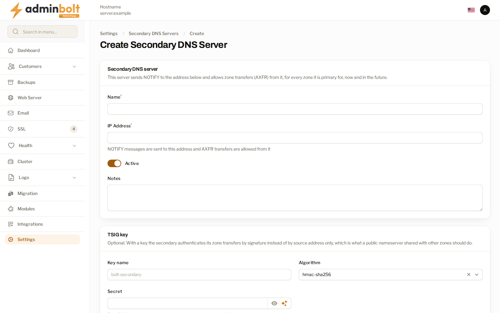 The form for adding a secondary DNS server, with the optional TSIG key section