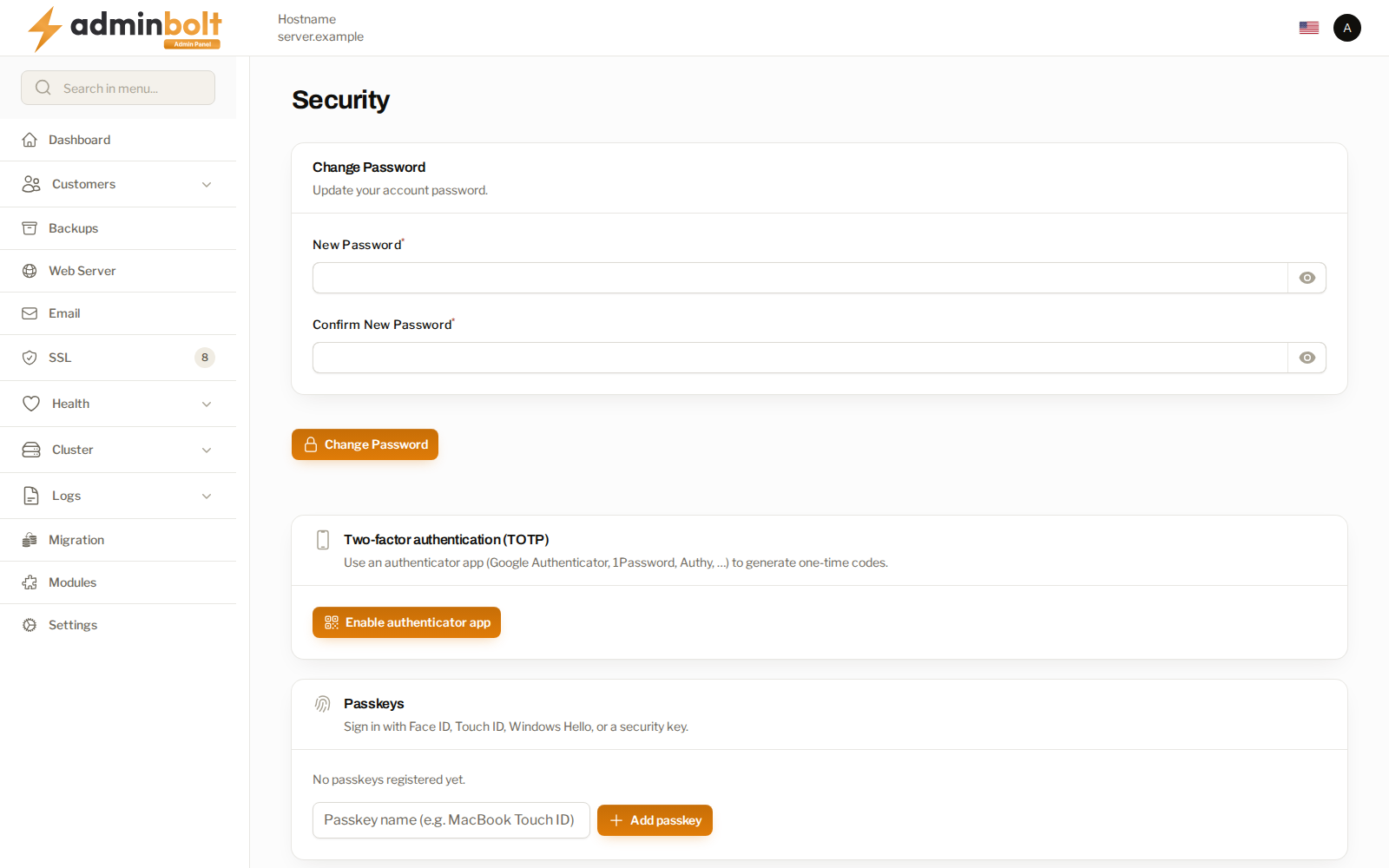 The admin security page with two-factor authentication and passkeys