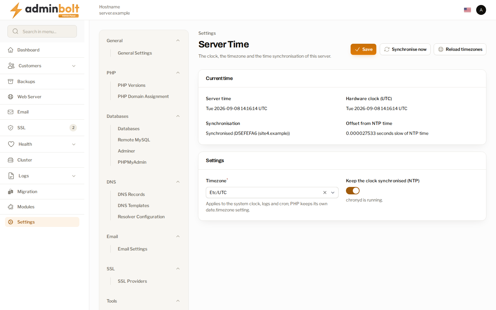 Server Time showing the clock, the synchronisation state, and the timezone