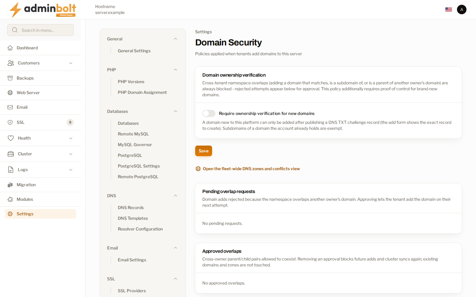 The Domain Security policies with the pending overlap queue