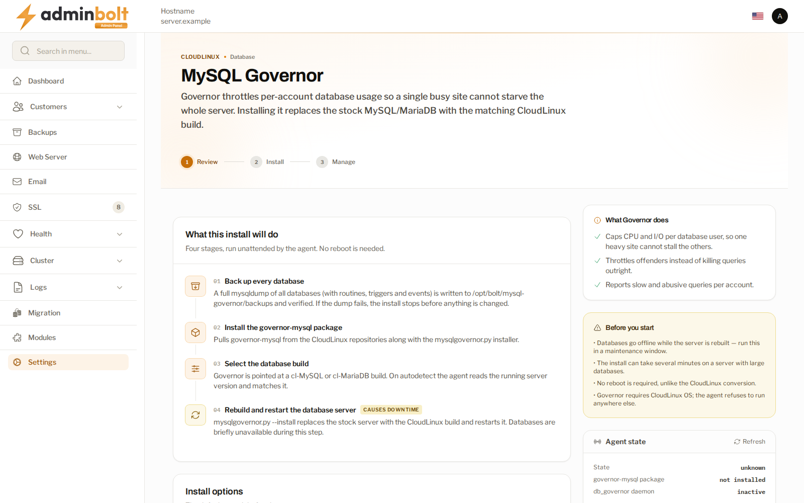 The MySQL Governor install wizard on the review step