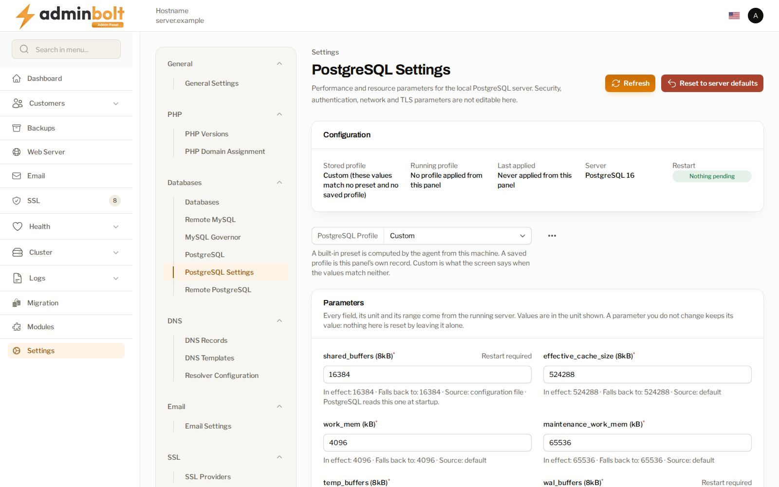 The PostgreSQL settings with the profile picker and parameter list