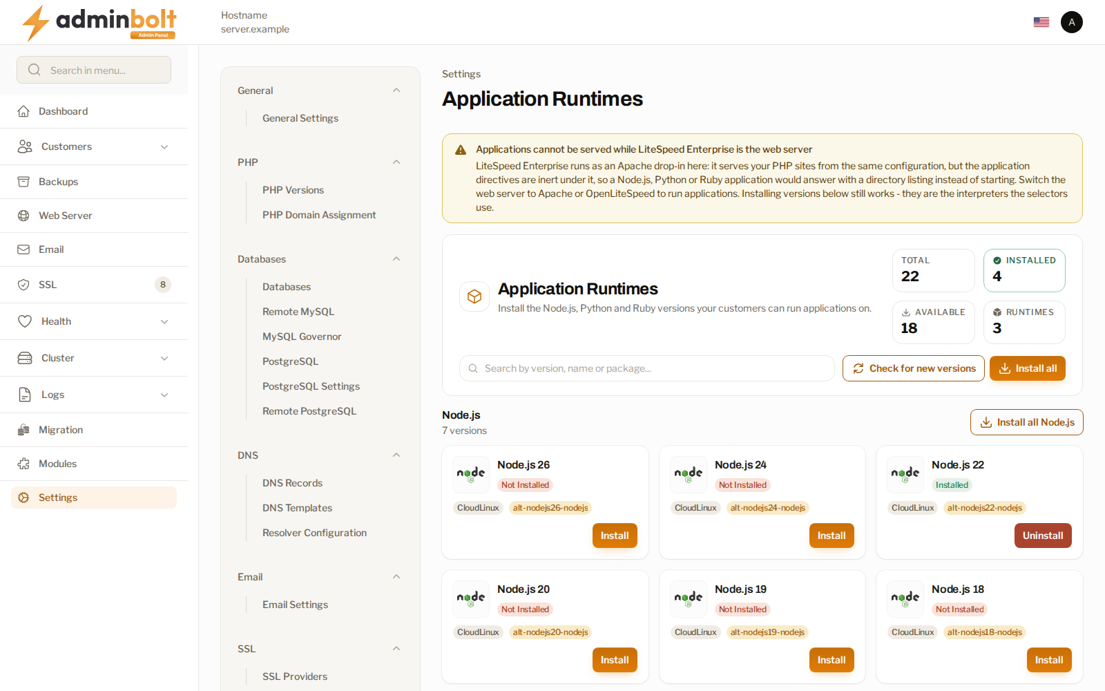 The runtime manager listing available and installed versions per language