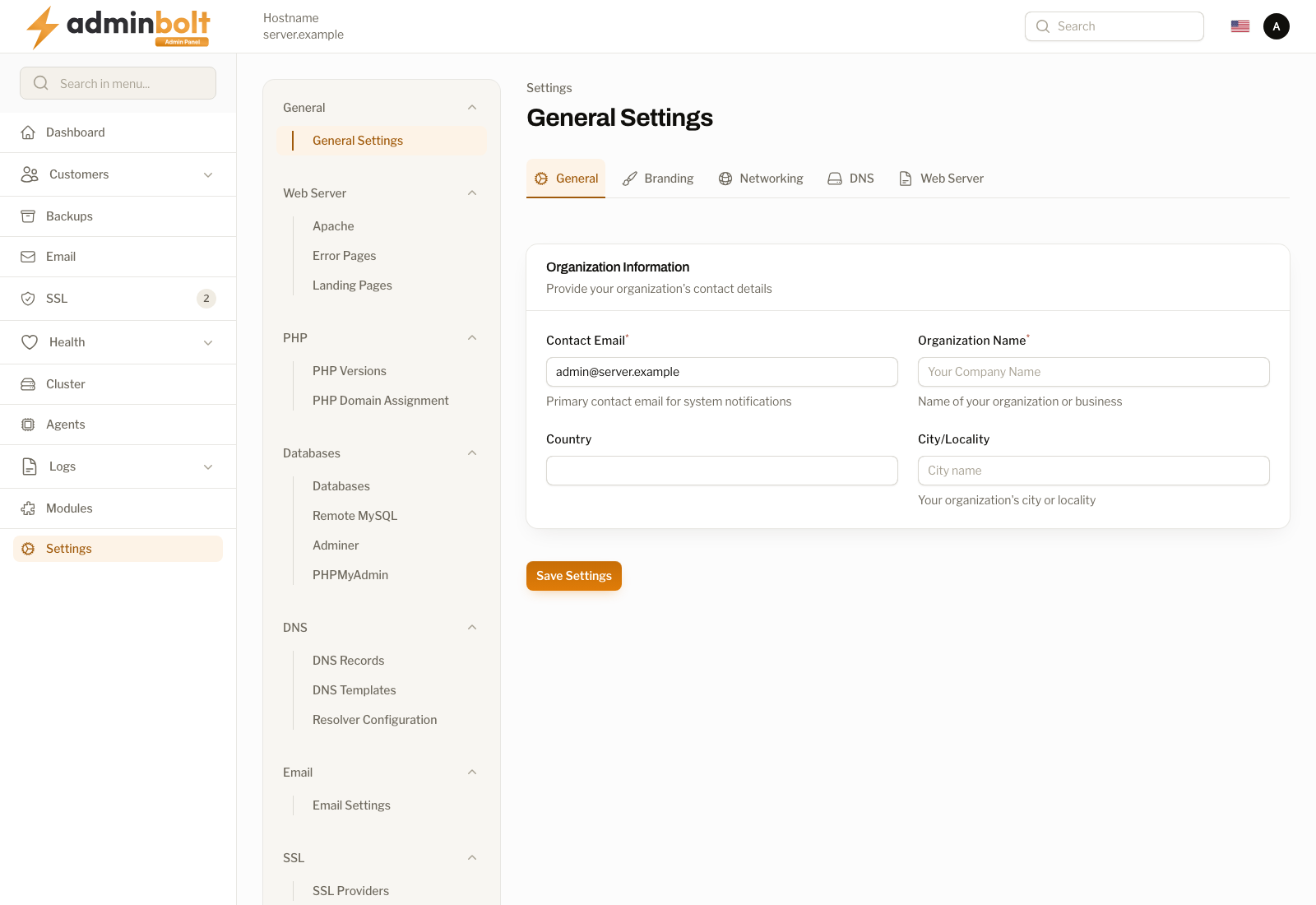 The Settings area, open on General Settings