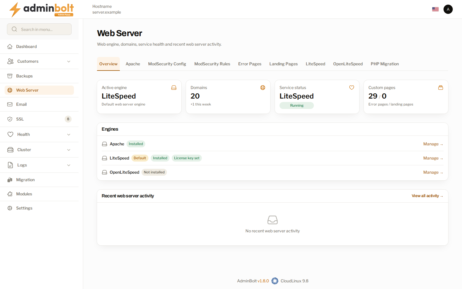 The web server overview with the active engine and installed engines