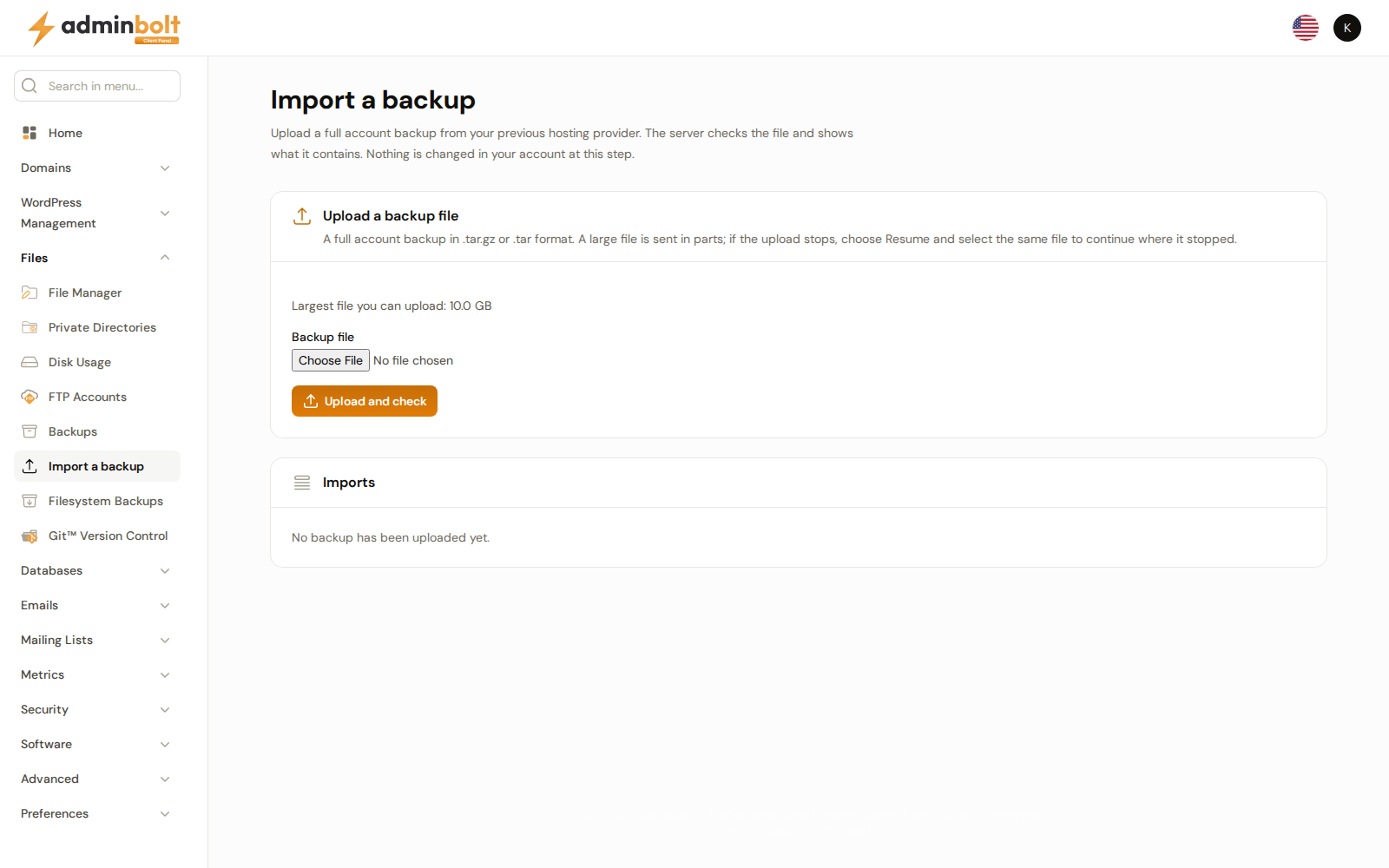 Import a backup in the client panel with the upload form and an empty imports list