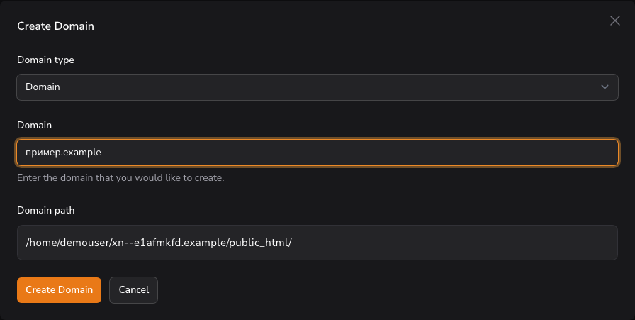 Create Domain form showing a Unicode domain name and its Punycode document root