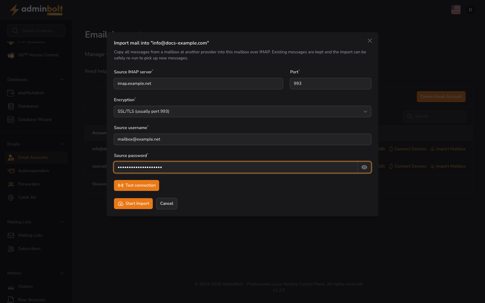 Import mailbox modal