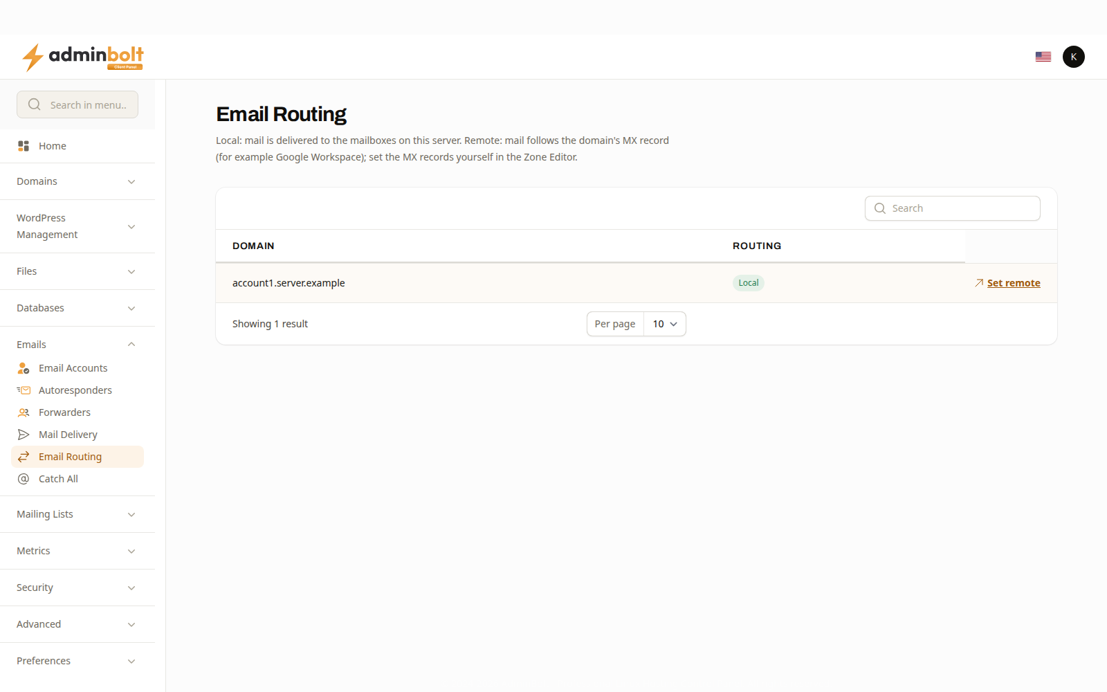 Email Routing listing a domain set to local delivery